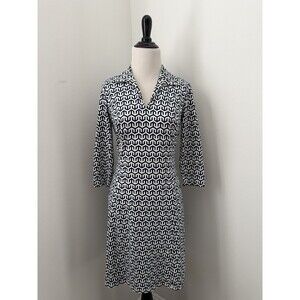 J. McLaughlin Dress‎ Catalina Cloth 3/4 Sleeve Blue/ White Geometric Dress XS